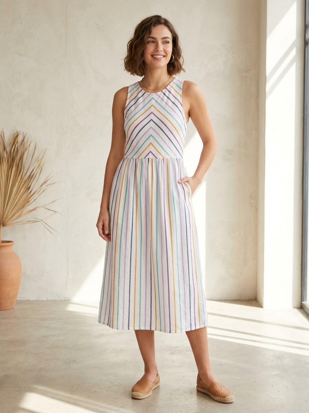 True Craft White Midi Dress with Multicolor Stripes